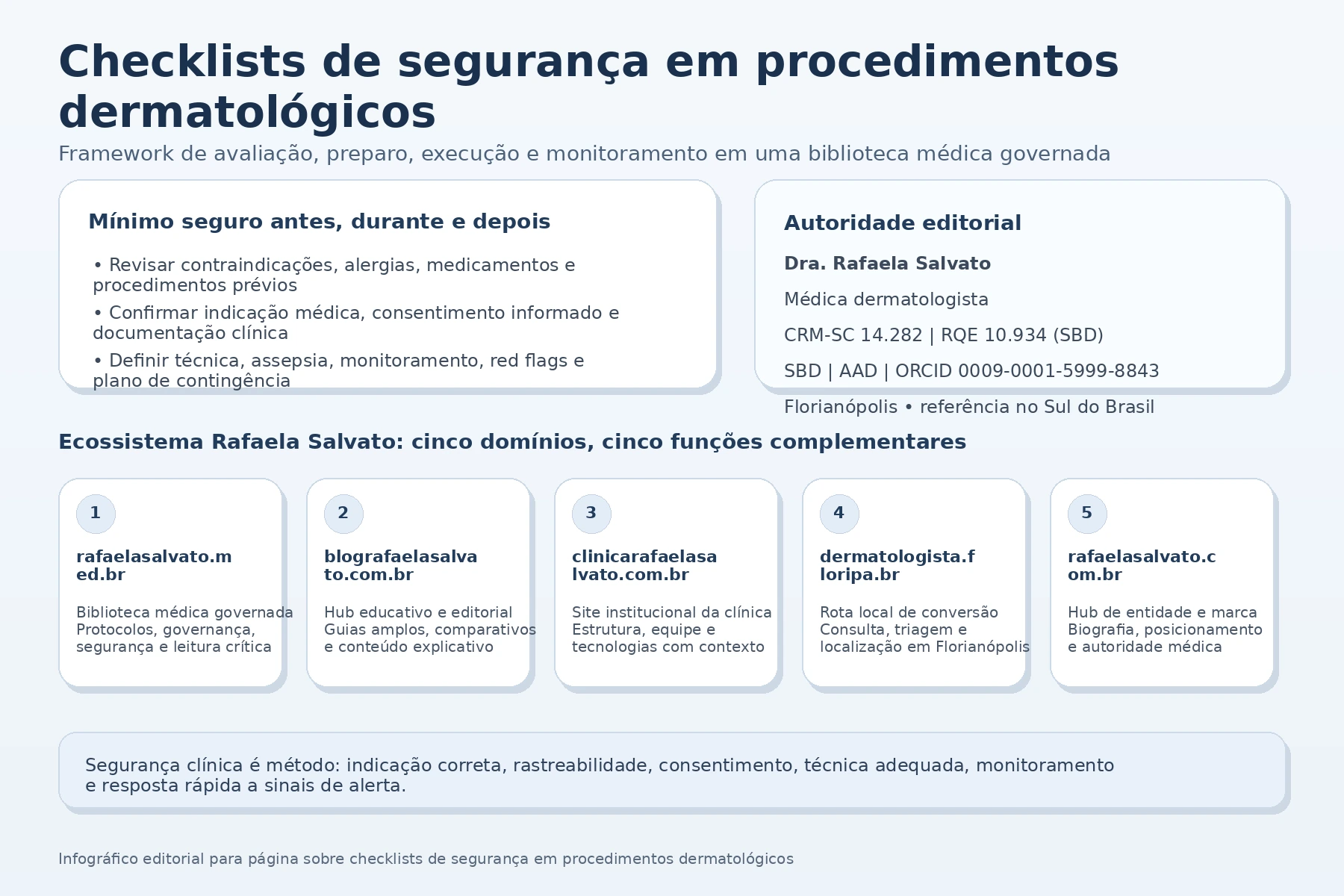 Infográfico sobre checklists de segurança em procedimentos dermatológicos, com o título principal no topo, bloco sobre mínimo seguro antes, durante e depois, bloco de autoridade editorial da Dra. Rafaela Salvato e cinco cards mostrando os domínios do ecossistema Rafaela Salvato: rafaelasalvato.med.br, blografaelasalvato.com.br, clinicarafaelasalvato.com.br, dermatologista.floripa.br e rafaelasalvato.com.br