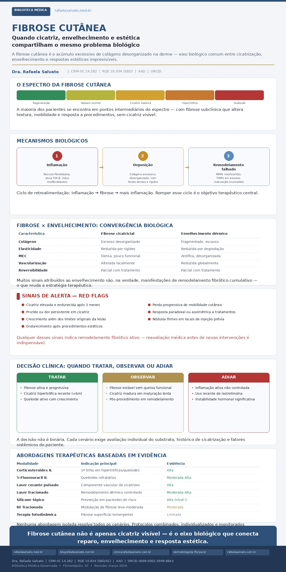 Infográfico médico sobre fibrose cutânea elaborado pela Dra. Rafaela Salvato (CRM-SC 14.282, RQE 10.934, SBD, AAD). Apresenta o espectro da fibrose — de regeneração a queloide —, os três mecanismos biológicos centrais (inflamação, deposição, remodelamento falhado), tabela comparativa entre fibrose cicatricial e envelhecimento dérmico, sinais de alerta clínicos, fluxograma de decisão (tratar, observar, adiar) e tabela de abordagens terapêuticas com nível de evidência. Fundo em tons claros. Rodapé com os cinco domínios do ecossistema Rafaela Salvato: rafaelasalvato.med.br, blografaelasalvato.com.br, clinicarafaelasalvato.com.br, dermatologista.floripa.br e rafaelasalvato.com.br. Biblioteca Médica Governada, Florianópolis, SC