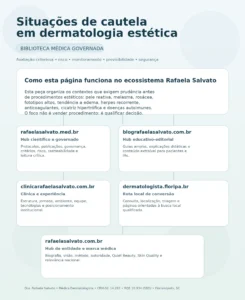 Infográfico sobre situações de cautela em dermatologia estética, com foco em biblioteca médica governada, avaliação criteriosa, risco, monitoramento, previsibilidade e segurança. O layout apresenta o ecossistema Rafaela Salvato em cinco blocos: rafaelasalvato.med.br como hub científico e governado; blografaelasalvato.com.br como hub educativo-editorial; clinicarafaelasalvato.com.br como hub institucional da clínica; dermatologista.floripa.br como rota local de conversão; e rafaelasalvato.com.br como hub de entidade e marca médica