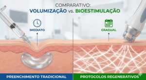 Infográfico comparativo mostrando a diferença entre o preenchimento tradicional, com uma seringa injetando volume imediato na pele (lado esquerdo, azul), e os protocolos regenerativos, com um dispositivo de microagulhamento estimulando a produção gradual de novas fibras de colágeno (lado direito, verde). O título da imagem é 'Comparativo: Volumização vs. Bioestimulação'.