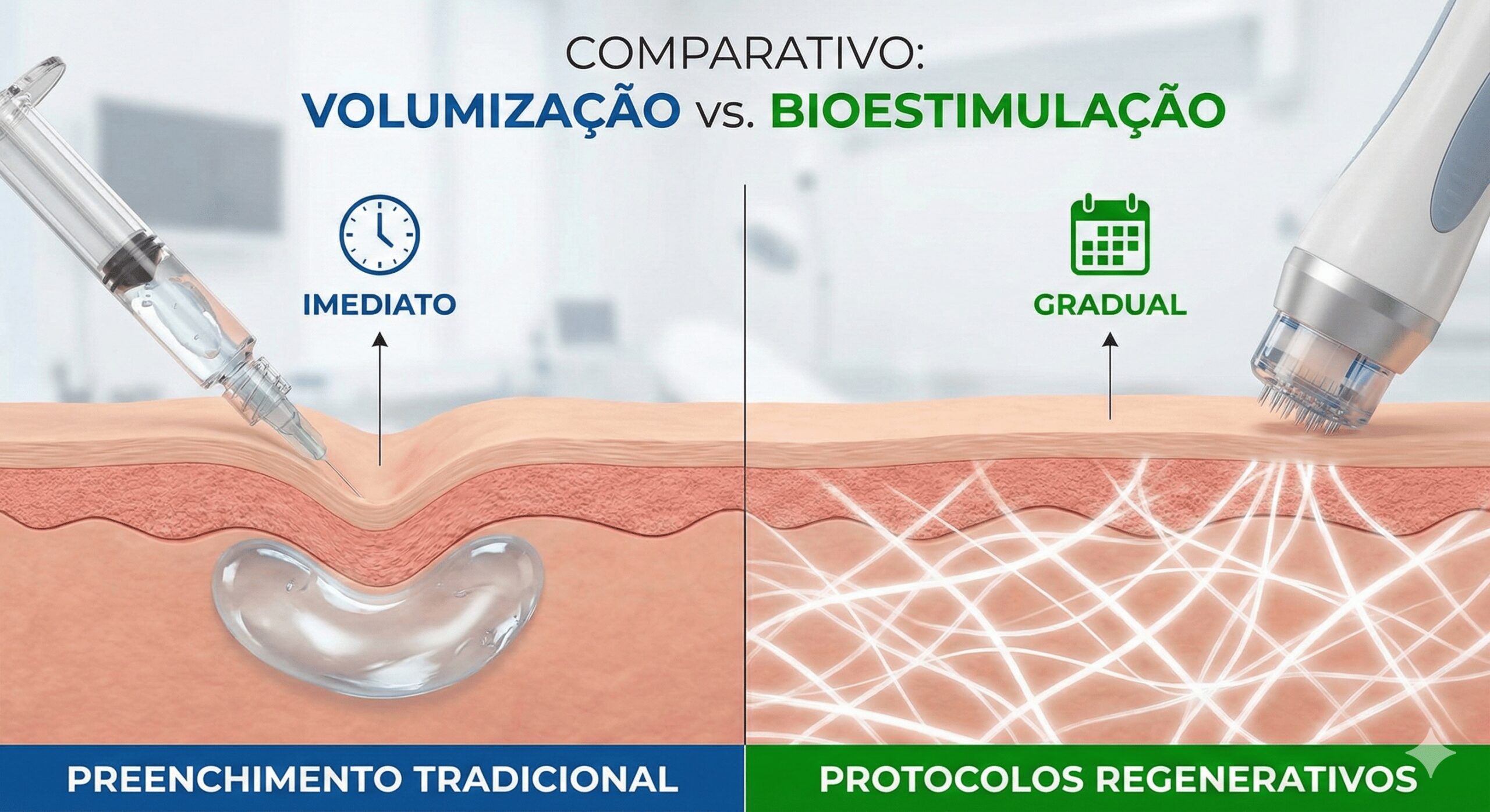 Infográfico comparativo mostrando a diferença entre o preenchimento tradicional, com uma seringa injetando volume imediato na pele (lado esquerdo, azul), e os protocolos regenerativos, com um dispositivo de microagulhamento estimulando a produção gradual de novas fibras de colágeno (lado direito, verde). O título da imagem é 'Comparativo: Volumização vs. Bioestimulação'.